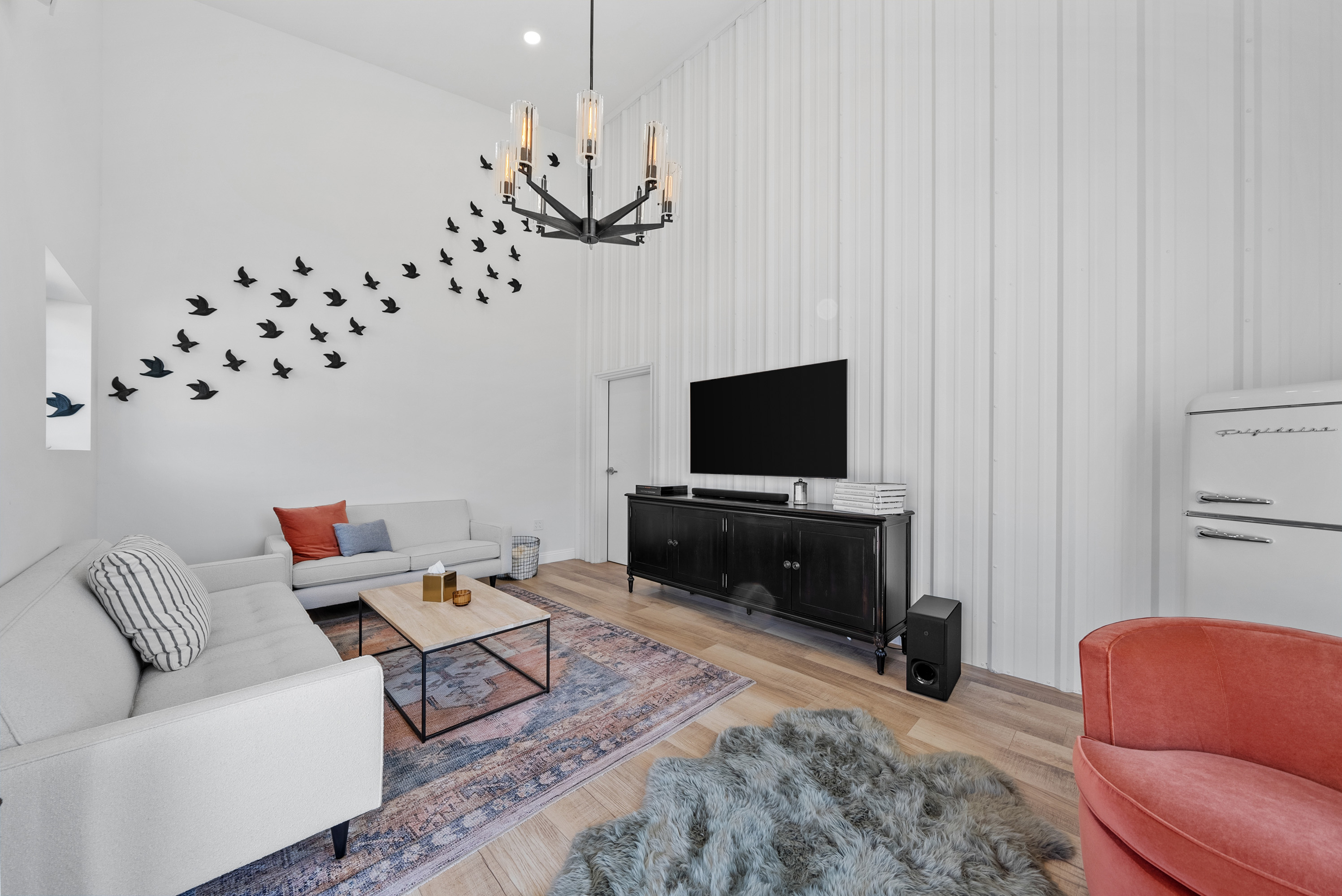 Guest house living room with soaring ceilings